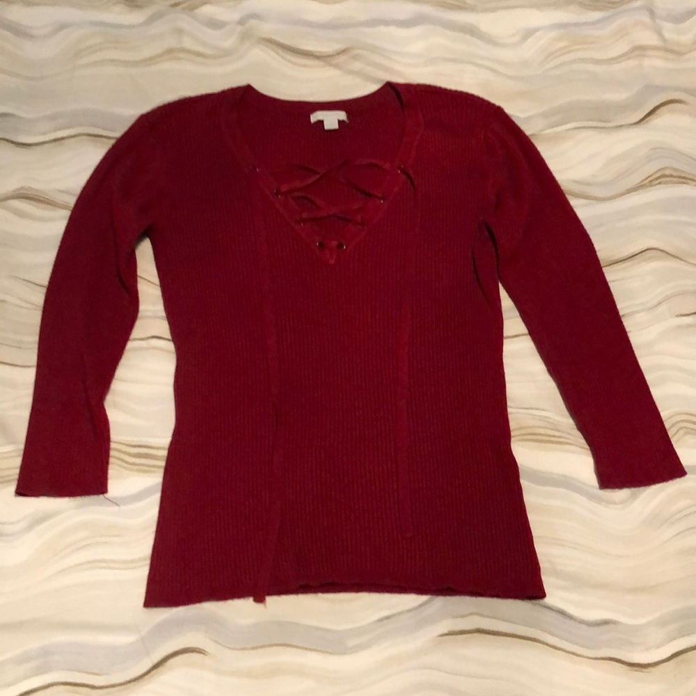 NY&Co Red V-Neck Lace-Up Sweater